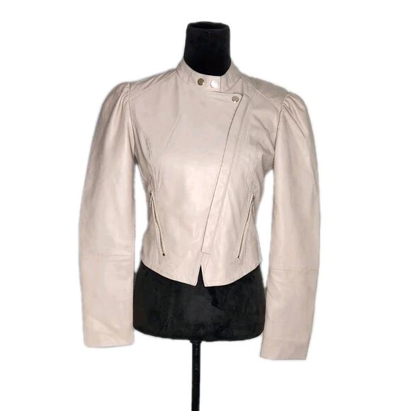 Bod & Christensen Cream Cropped Leather Moto Jacket Puff Shoulder Soft Size XS - Picture 1 of 8